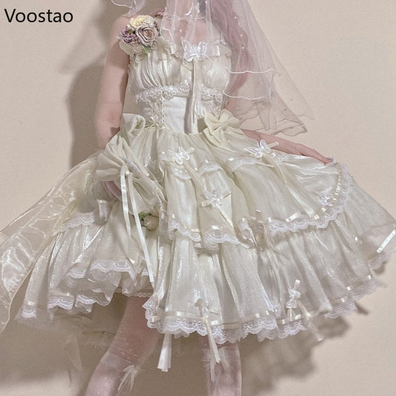 Victorian Retro Women Elegant Lace Butterfly Sleeveless Flower Dress