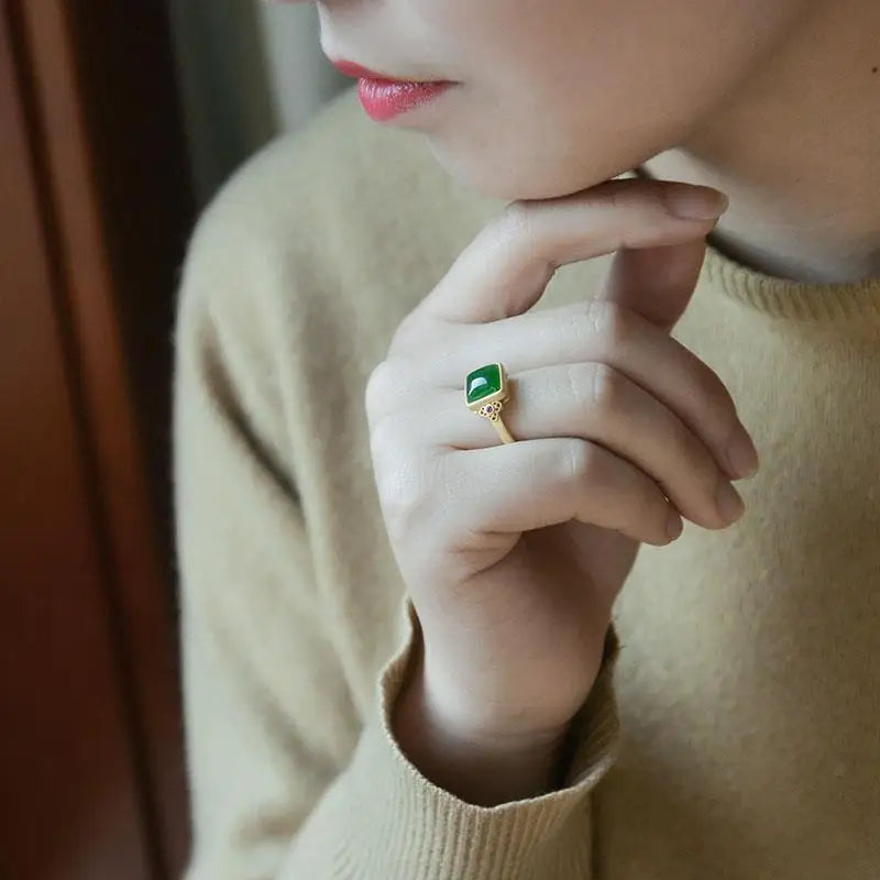 Xichun ''Natural Hetian Jade Green Jade Ring S925 Sterling Silver Gold Inlaid Square Classic Opening Adjustable Ring