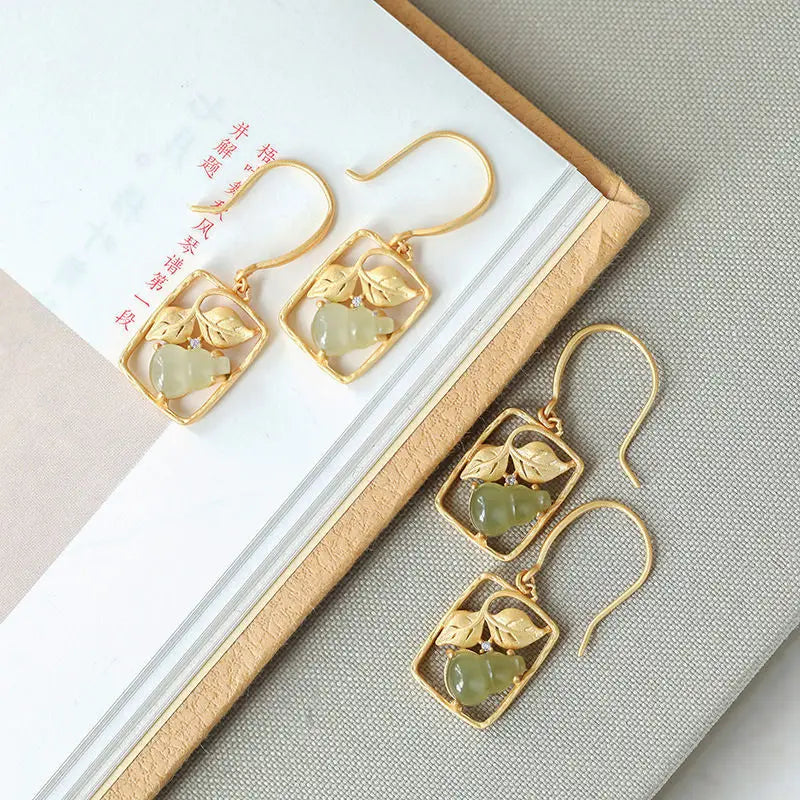 Original S925 Sterling Silver Gold Plated Hetian Jade Gray Jade Ancient Style Chinese Classical Gourd Elegant Earrings for Women