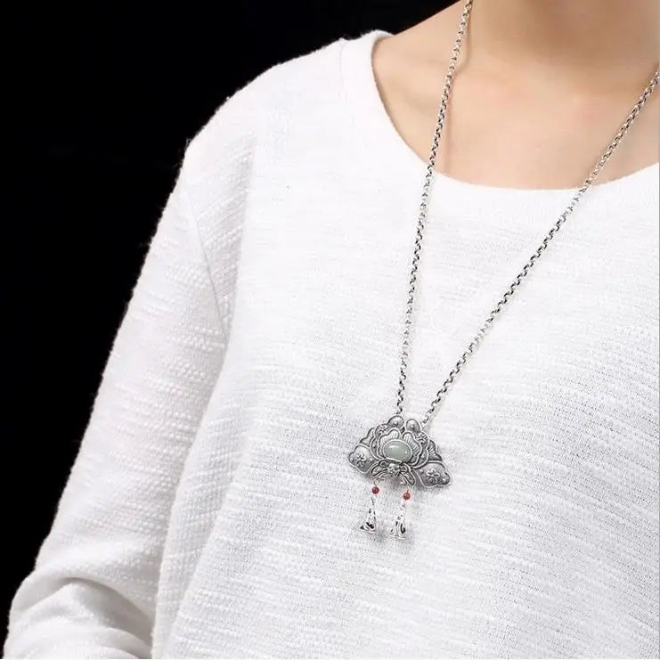 Vintage S925 Silver Hetian Jade South Red Inlaid Pendant Peony Flower Silver Style for Women Pendant Sweater Chain Long Pendant