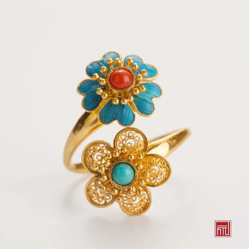 Original S925 Silver Handmade Filigree Inlaid Vintage Court Minimalism Flower Tian-Tsui Ring South Red Turquoise Ring for Women
