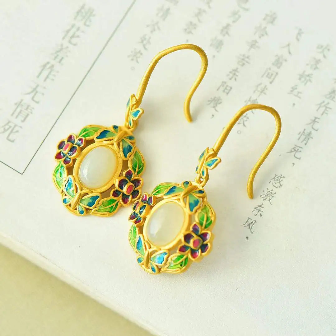 Natural Hetian Jade Earrings Women's 925 Sterling Silver Ancient Style Gilding Burnt Blue Vintage Earrings Chinese Style to Give