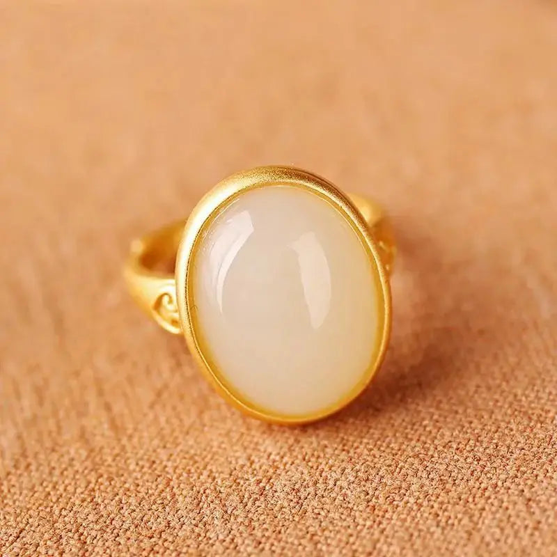 Natural Hetian Jade Women's Ancient Gold Craft Egg Surface Elegant Open Mouth Frosted Gold Jade Ring High-Grade Bracelet