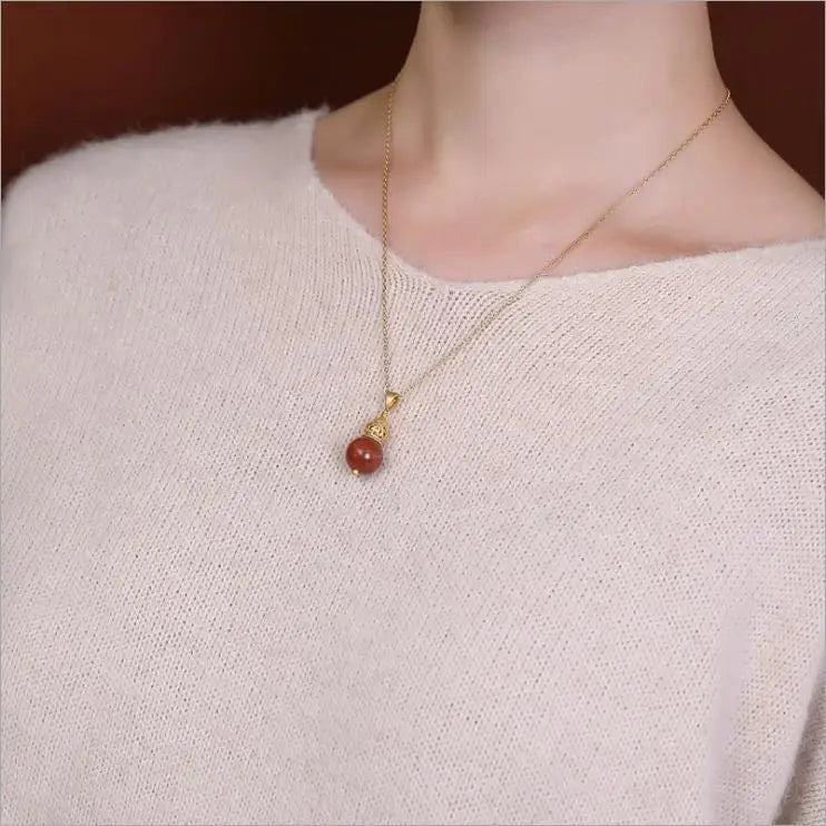 Natural South Red Calabash Pendent Sterling Silver Gold-Plated Hollow Pattern Agate Fu Lu Necklace Pendant Exquisite Fashion Sil