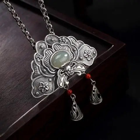 Vintage S925 Silver Hetian Jade South Red Inlaid Pendant Peony Flower Silver Style for Women Pendant Sweater Chain Long Pendant