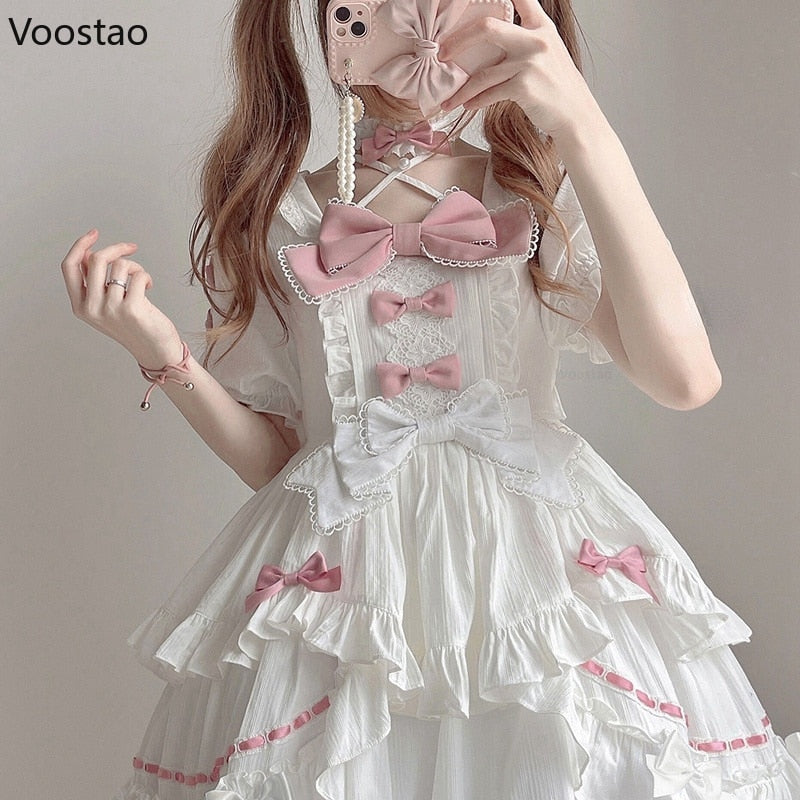 Japanese Sweet Lolita OP Dress Milk Puff Pink Bow Lace Vintage Medieval Victorian Cute Party Mini Dresses Women Kawaii Vestidos
