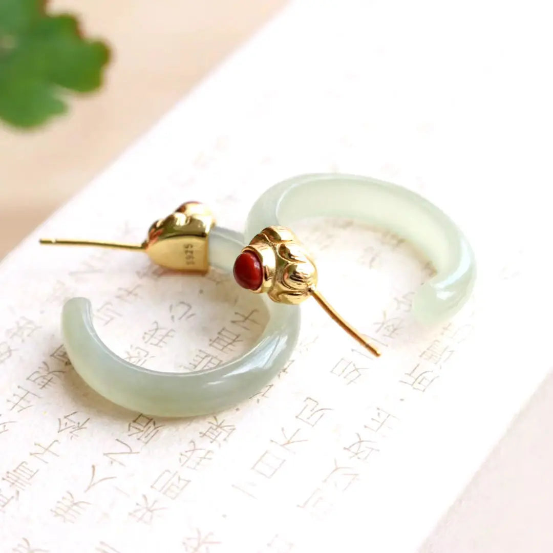 Retro Stud Earrings Beautiful Classical Ancient S925 Sterling Silver Earrings Ancient Style Super Fairy Natural Gray Jade Hetian