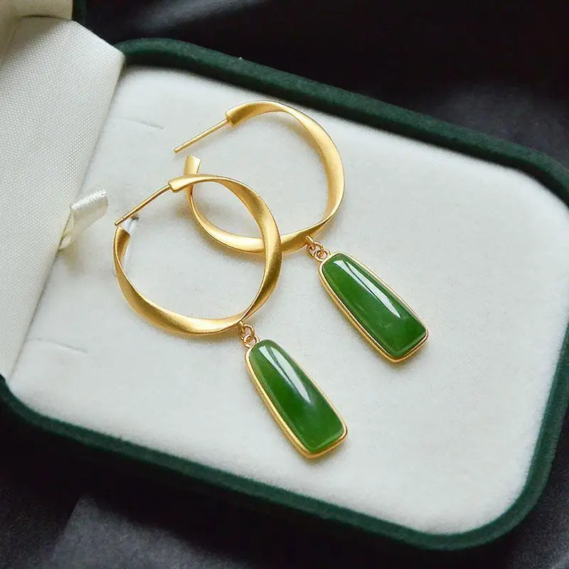 Original Natural Hetian Jade Green Jade Chinese Style Earrings S925 Sterling Silver Jade Eardrops Classical Elegant Fashion