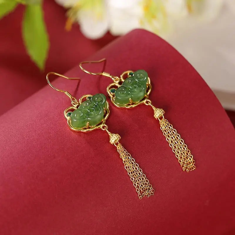Natural Stone Green Tassel Earrings Upscale Personality S925 Sterling Silver Ruyi Earrings Retro Ethnic Style Jewelry Women