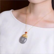 Load image into Gallery viewer, Red Smoke Green Smoke Mauve Jade Oval Pendant Sterling Silver Gold-Plated Lotus Hetian Jade Necklace with Pendant Palace Style P

