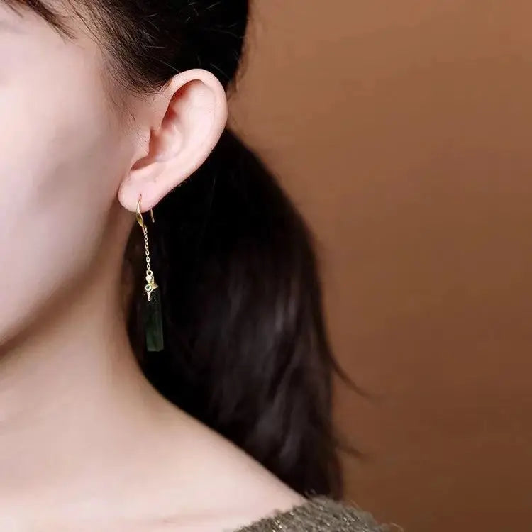 Natural Hetian Jade White Jade Chinese Style Earrings S925 Sterling Silver Women's Earrings Simple Rectangular Classical Ear Hoo