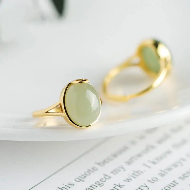 S925 Sterling Silver Inlaid Natural Hetian Jade Oval Egg Surface Simple Retro Elegant Coin Open Ring for Women