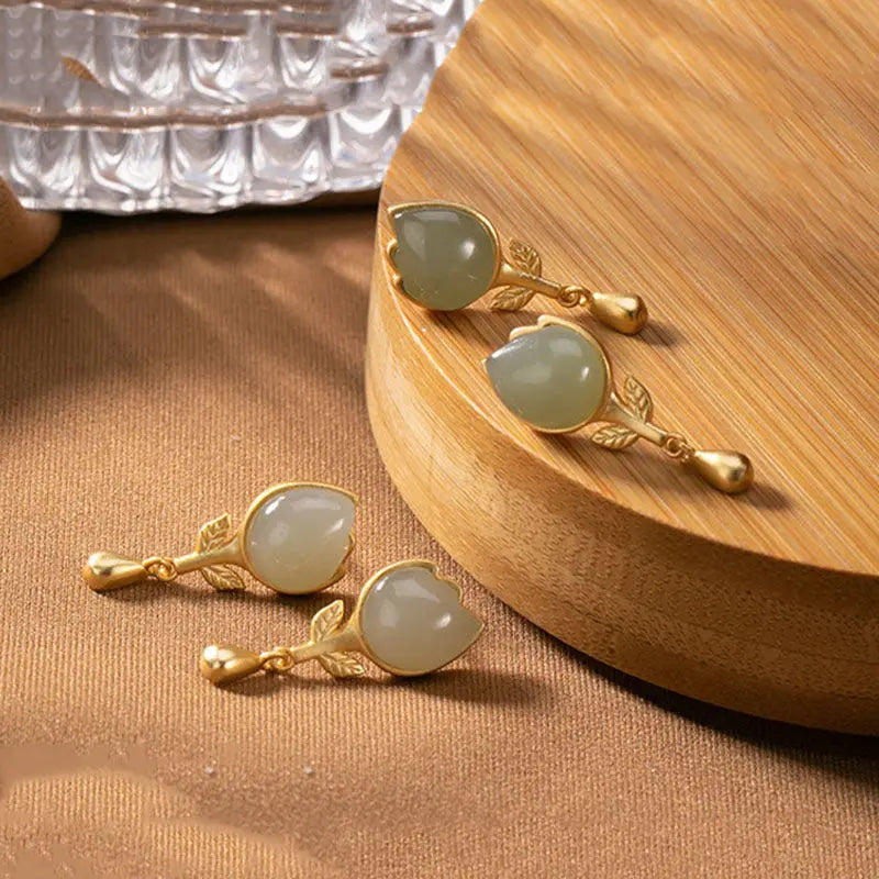S925 Sterling Silver Inlaid Hetian Jade Tulip Earrings Women's Natural Jade Golden Leaf Earrings Fashion Drop Stud Earrings