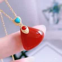Load image into Gallery viewer, S925 Sterling Silver Inlaid South Red Geometric Pendant Natural Agate Jade Turquoise Pendant Necklace Clavicle Set Chain
