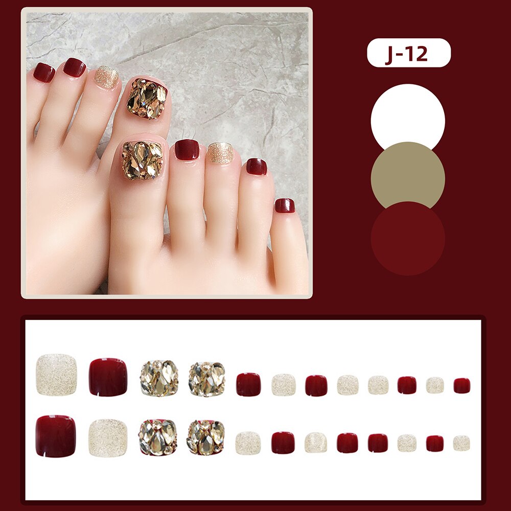 Korean Fake Glitter Nails Short Square Press On Toenails Summer Full Diamond False Toenails FeetNail Stickers Manicure Nail Tips