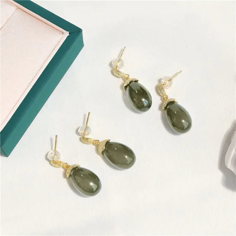Natural Hetian Jade Green Jade Oval Earrings Elegant and Ethnic Style Sterling Silver S925 Anti-Allergy Earrings Antique Chinese
