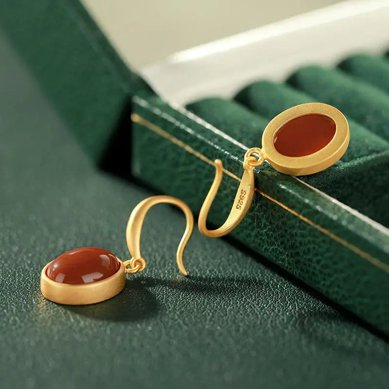 S925 Sterling Silver Inlaid Natural South Red Agate Fashion Personality Oval Retro Classic Gold Earrings Jewelry Women
