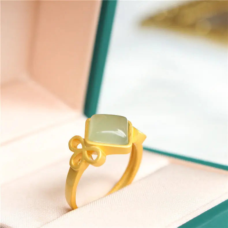Natural South Red Bow Ring Sterling Silver Natural Hetian Gray Jade Geometric Ring Fashion Agate Open Ring