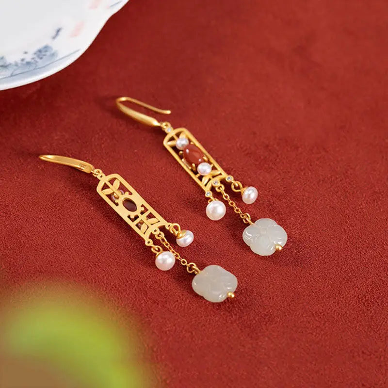 S925 Sterling Silver Gold Plated Natural Hetian Jade Clover Southern Red Agate Temperament Lady Long Eardrop Earrings