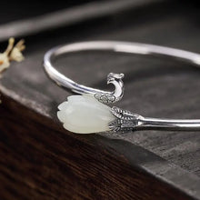 Load image into Gallery viewer, Original S925 Sterling Silver Antique Hetian Jade White Jade Magnolia Ancient Style Fresh Phoenix Female Open-End Bangle
