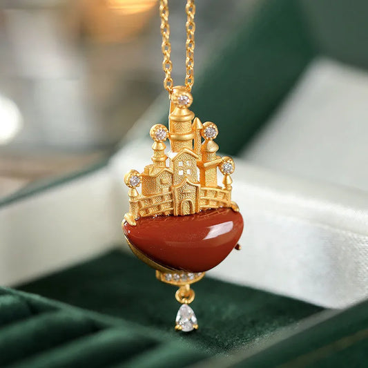 S925 Sterling Silver Inlaid Natural South Red Agate Unique and Exquisite Elegant Classic Castle Women's Ornament