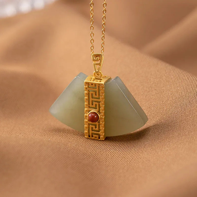 S925 Sterling Silver Gold Plated High-Grade Natural Hetian Jade Gray Jade Personality Fan-Shaped Ladies with Chain Ornament