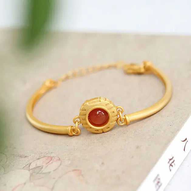 Natural South Red Agate S925 Sterling Silver Bracelet for Women Retro Compact Exquisite round Bracelet Gift for Mother Bracelet