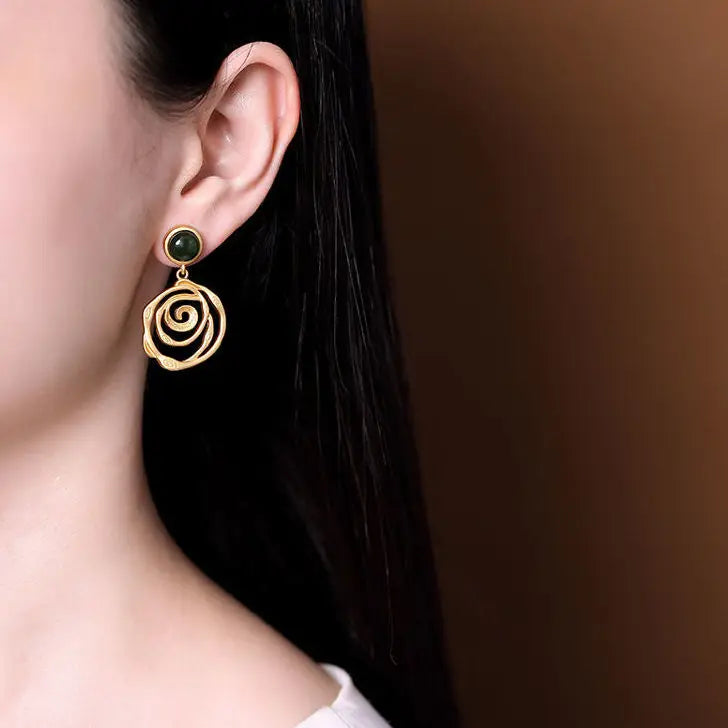 S925 Sterling Silver Natural Hetian Jade Green Jade Gold Plated Retro Personality Thread Fashion Lady Ear Stud Earring Ear Rings