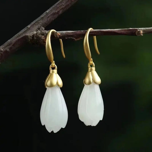 Natural Hetian Jade White Jade Magnolia Earrings S925 Sterling Silver Gilding Ancient Gold Orchid Craft Simple Jewelry Women