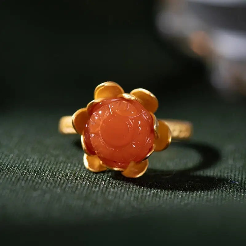 [Red Lotus Seeds] Ancient French Gold Vintage Natural Agate Stone Lotus Open Ring Ladies Ring