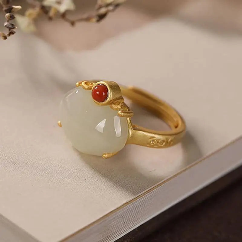 S925 Sterling Silver Gold Natural Hetian Jade Peach Ring Vintage Graceful Personality Women's Open Jade Gem Ring