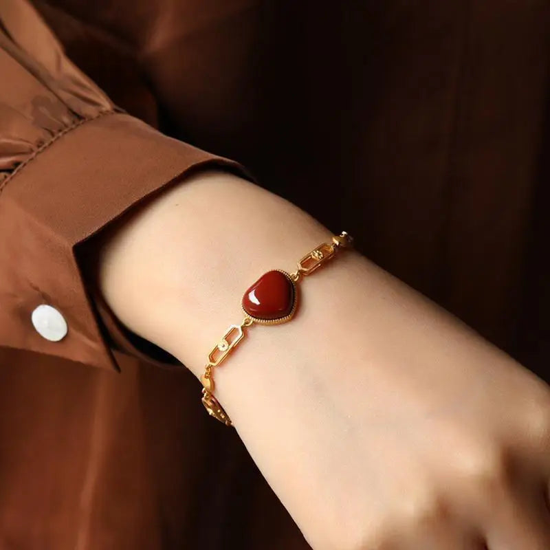 Natural Hetian South Red Heart Agate Gold S925 Sterling Silver Bracelet Refined Grace Aesthetic Style Artistic Hand Jewelry