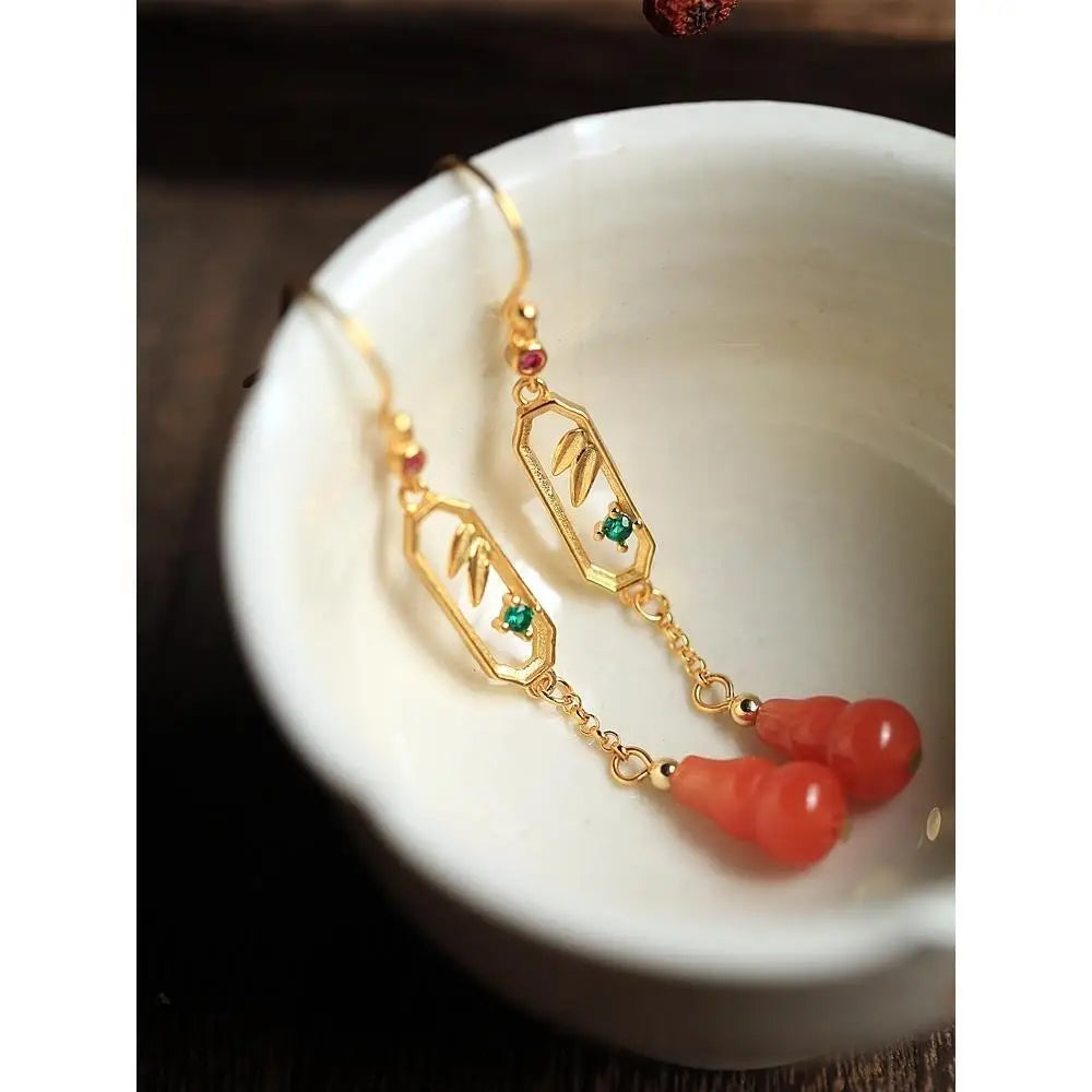 Chinese Ethnic Style South Red Agate Gourd Long Tassel 925 Sterling Silver Earrings Female Temperament Court Earrings Eardrops