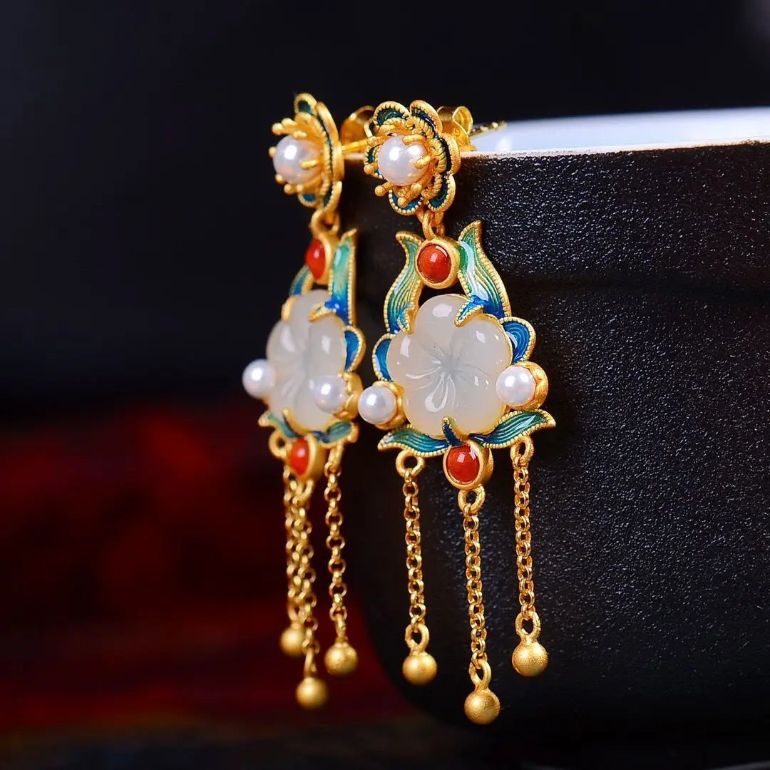 Retro Style S925 Sterling Silver Gold-Plated Design Inlaid Natural Hetian Jade Flower Earrings Roasted Blue Pearl Women's