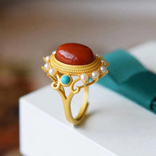 Load image into Gallery viewer, Luxurious Beauty Palace Style Southern Red Agate Ring Big Egg Noodles S925 Sterling Silver Ancient Gold Craft Ladies Ring Hand
