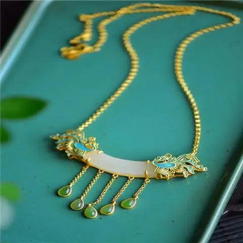 Ethnic Style Necklace Women's Retro Personality Sterling Silver Inlaid Hetian Jade Necklace Tassel Chain Set Classical Chinese