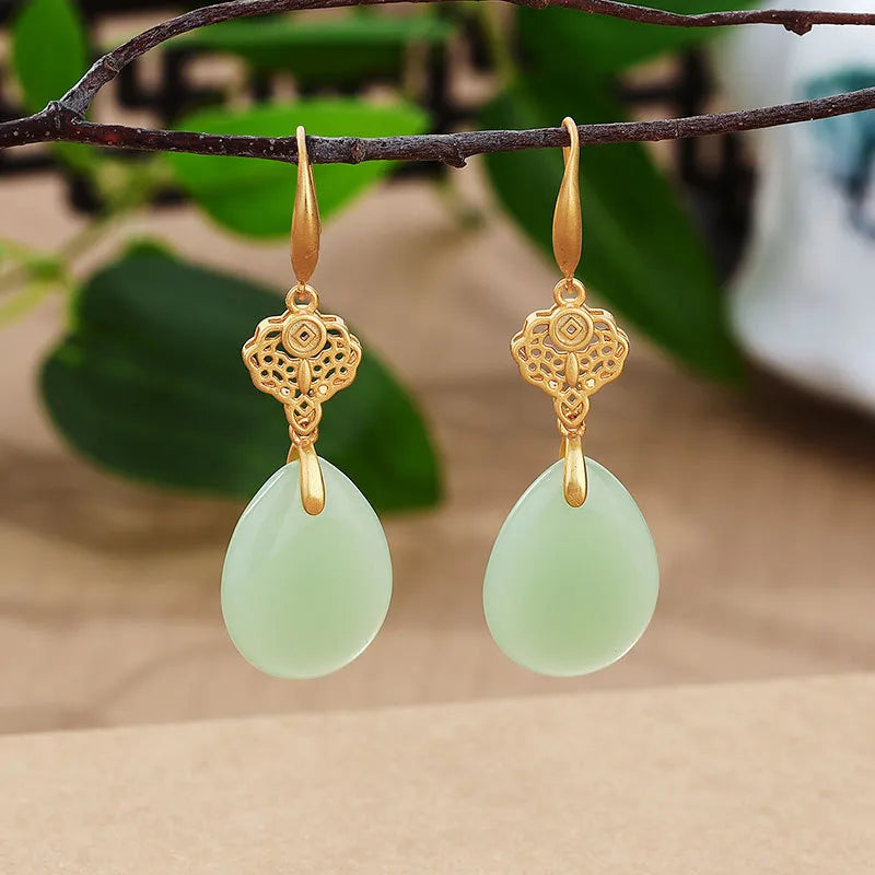 Ancient Gold 925 Sterling Silver Green Chalcedony Retro Style National Fashion Simple Large Water Drop Earrings Chinese Style