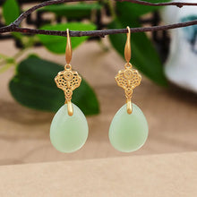 Load image into Gallery viewer, Ancient Gold 925 Sterling Silver Green Chalcedony Retro Style National Fashion Simple Large Water Drop Earrings Chinese Style
