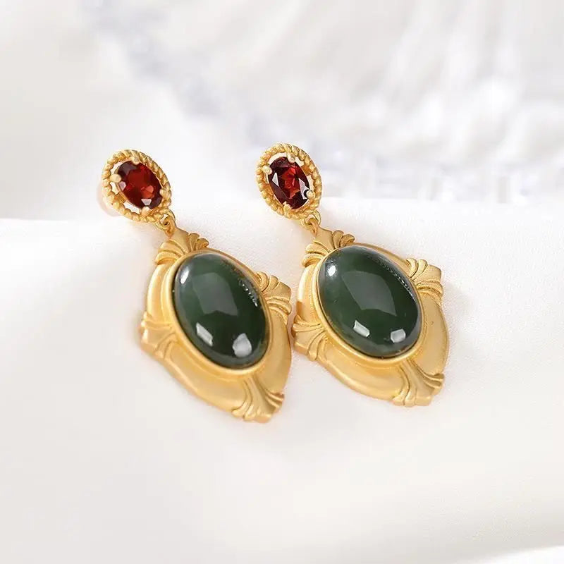 Vintage Court Style S925 Sterling Silver Ancient Gold Fashion Inlaid Natural Garnet Hetian Jade Ear Stud Earring Female