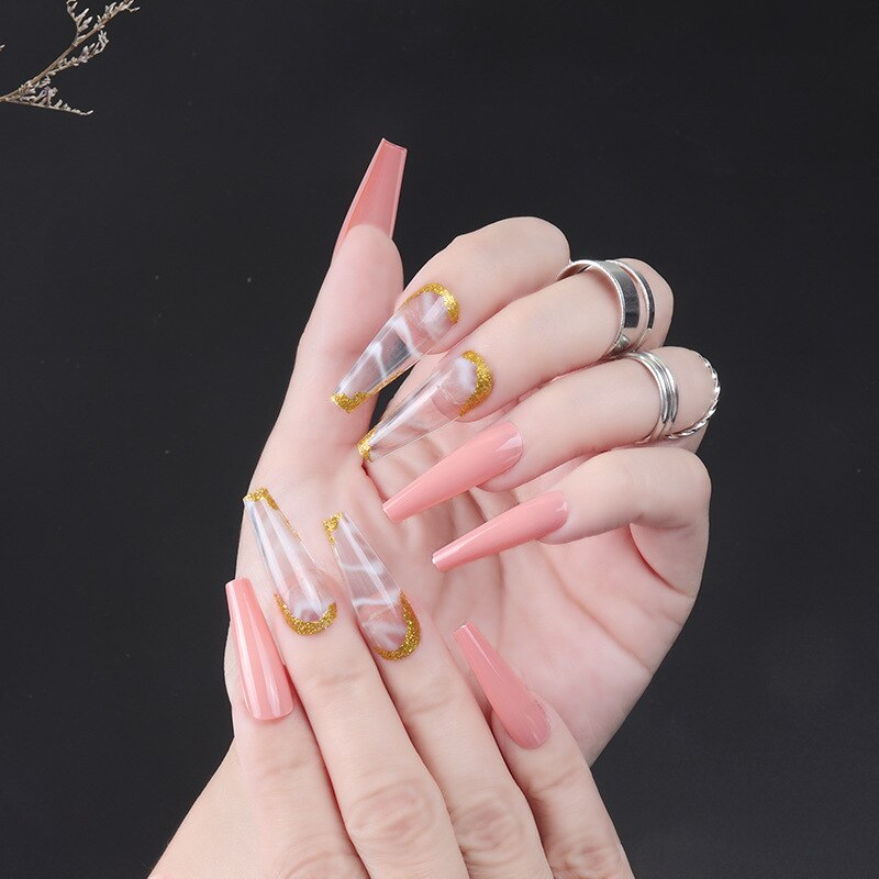 24Pcs Black Pink Night Sky Star Moon Super Long Wearing Fake Nails Art Detachable Girls False Nail Decoration Press On Nail Tips