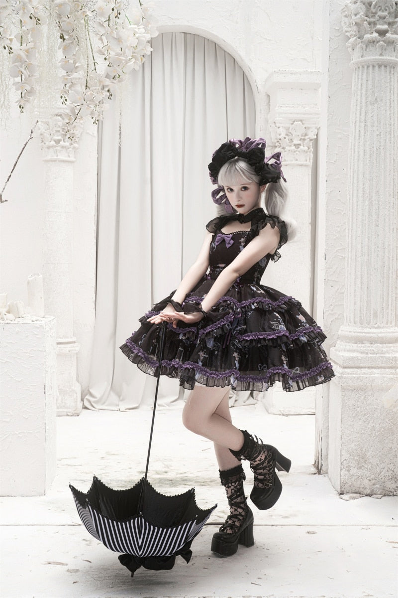 Vintage Gothic Y2k Lolita OP Dress Victorian Harajuku Girls Bow Print Ruffles Punk Tiered Dress Women Kawaii Puffy Party Dresses