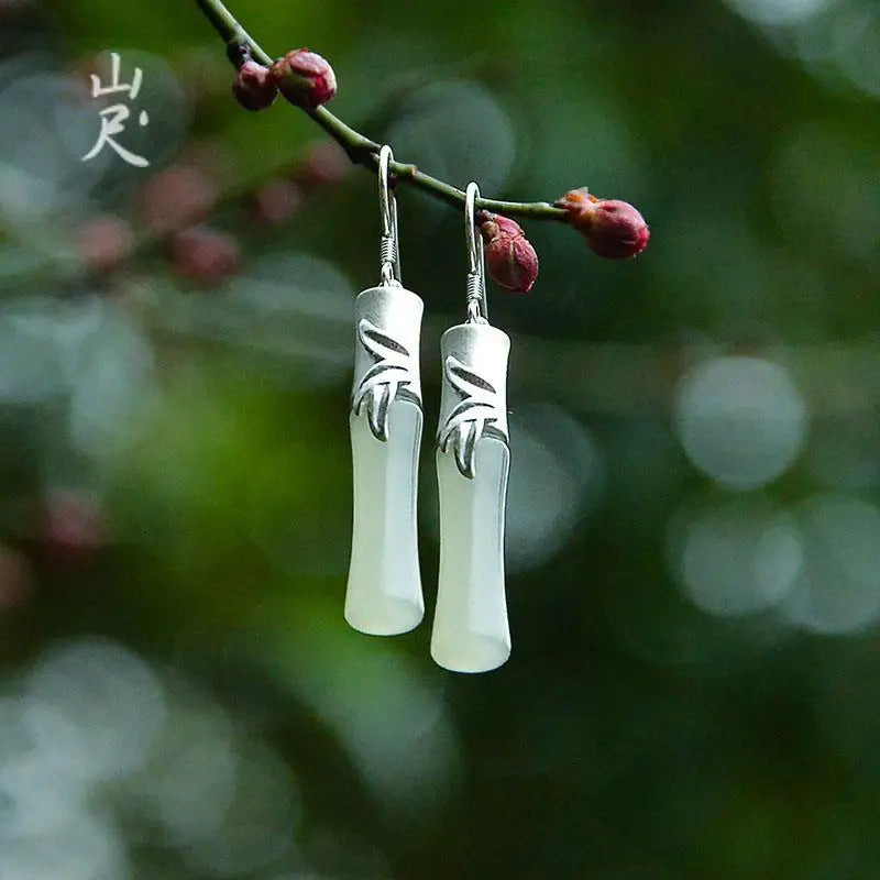 Bamboo Chinese Style Natural Hetian Jade Bamboo Earrings 925 Sterling Silver Jade Eardrops Classic Elegant Graceful Earrings