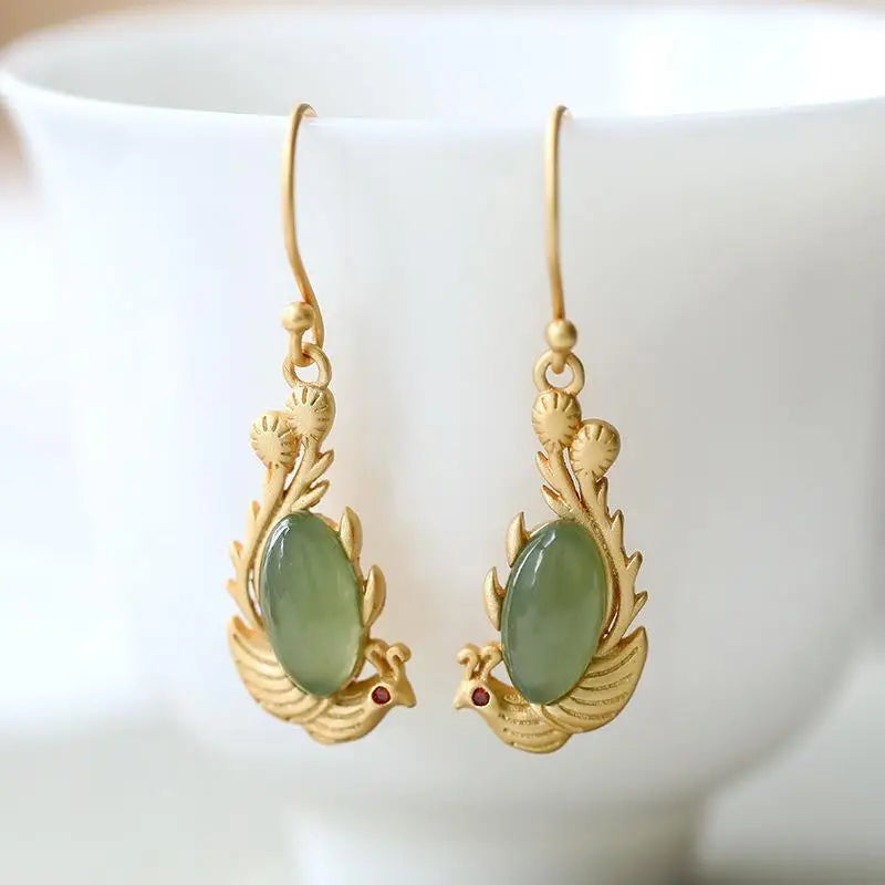 Chinese Style Classical Eardrops Women's S925 Sterling Silver Gilding Hetian Gray Jade Egg Noodle Phoenix Yufei Noble