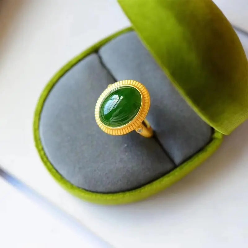 Natural Hetian Jade Green Jade Ring S925 Sterling Silver Jade Open Adjustable Egg Surface Ring Simple Classic Women's