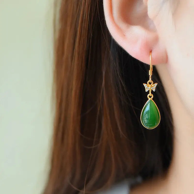 Antique Eardrops Court Style Earrings Water-Drop Eardrops Retro Chinese Style Natural Hetian Jade Green Jade Earrings Women's S