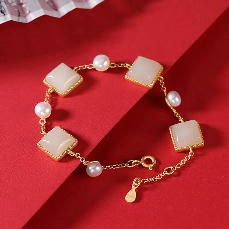 Original Design S925 Sterling Silver Gold Hetian Jade Pearl Retro Fashion and Personalized All-Matching Graceful Women's Bracele