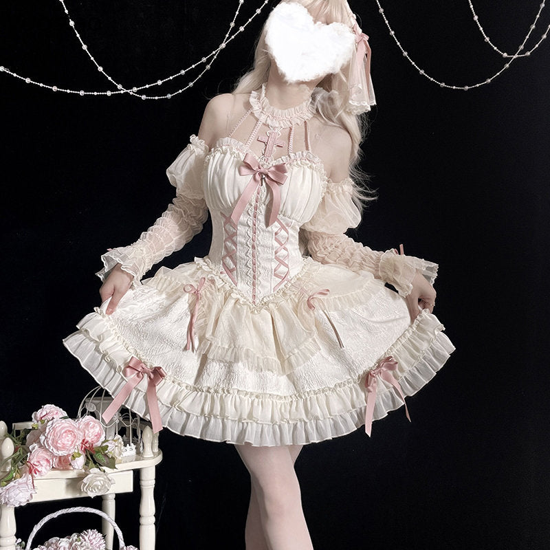 Cross Bow Lace Ruffles Party Dresses Girls Harajuku Cute Bandage