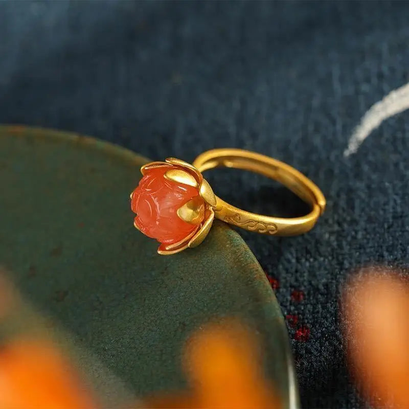 Natural Hetian Jade Southern Red Agate Inlaid S925 Magnolia Ring Elegant and Ethnic Style Retro Chinese Style Women's