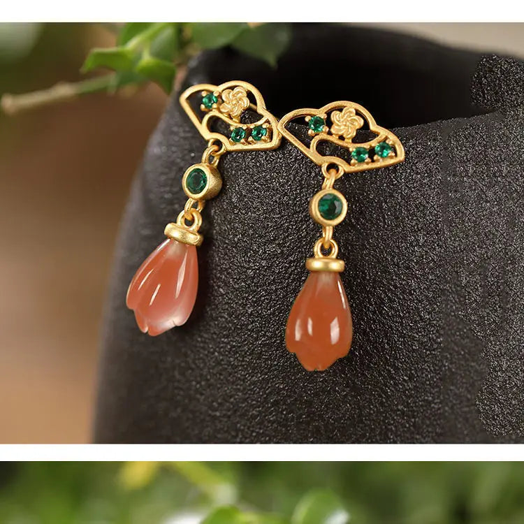 Southern Red Agate Eardrops Earrings S925 Sterling Silver Gold Plated Magnolia Retro Personalized Earrings 2020 New Women's