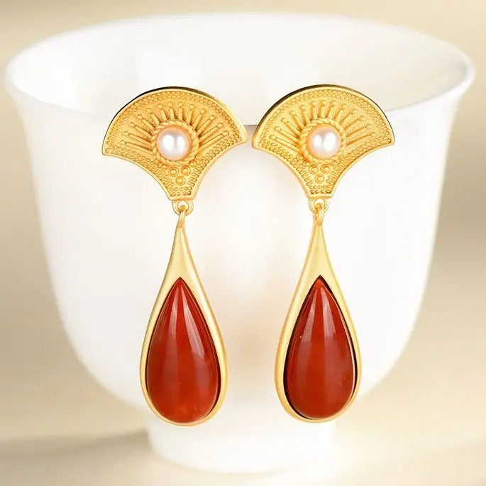 S925 Sterling Silver Natural South Red Agate Retro Easy Matching Fan-Shaped Pearl Earrings Earrings Earrings Earrings New Arriva